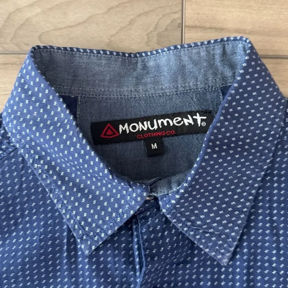 Monument Clothing Co. Men's Blue Button-Up Shirt w/ White Pattern Medium - Picture 4 of 6